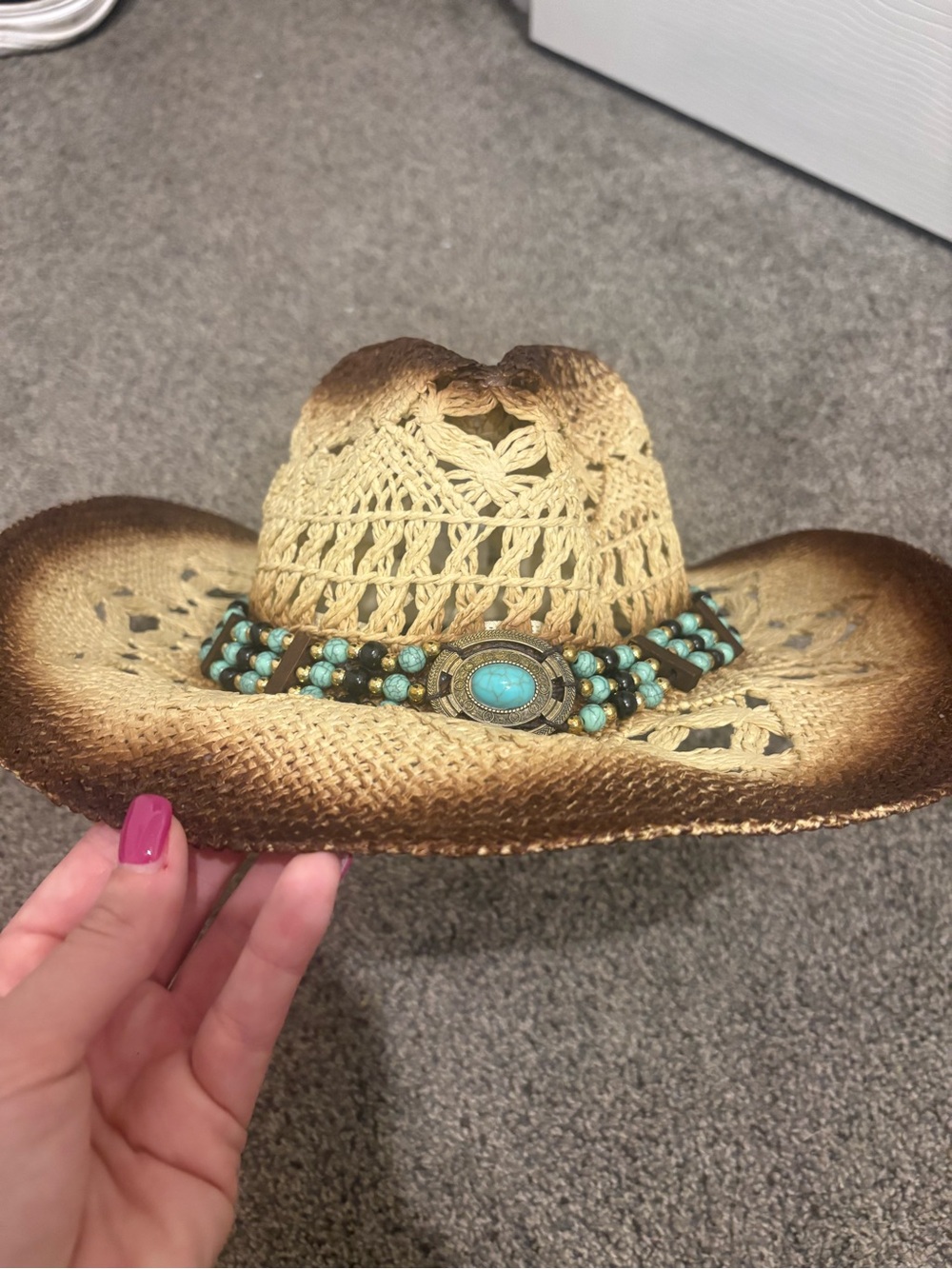 Straw Western Cowboy Hat with Turquoise Bead Band - Beige/Brown